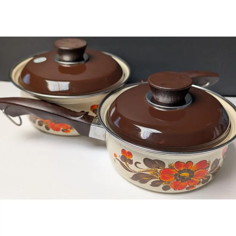 Vtg 70s Moneta Enamelware Pot Pan Set w/Lids 2 Cream Orange Brown Floral 6pc NEW